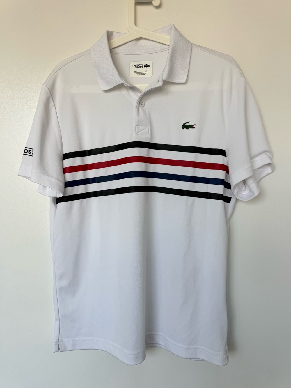Lacoste Sport Tennis White Polo with Red, Navy  Stripes